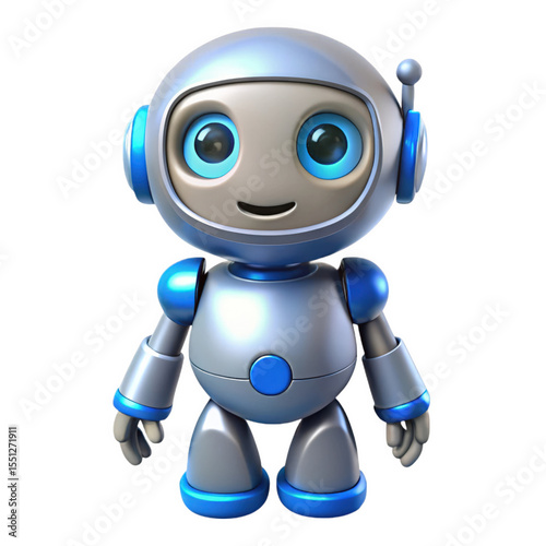 Friendly Silver Blue Robot 3 D Render Standing isolated on a transparent background image