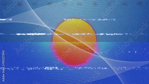 Static noise sparking sun disc forming, glitch bars flickering, ribbon sweeping, revealing gradient