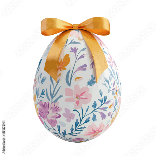 Floral easter egg with gold ribbon spring celebration holiday decoration festive design gift idea  on transparent background