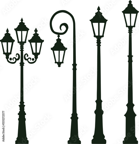 Tall Street Lamp Silhouette Vector - Retro City Light Clipart