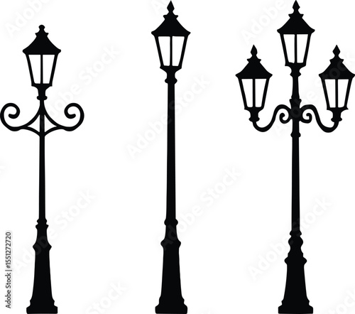 Twin Street Lamps Silhouette Vector - Decorative Urban Elements