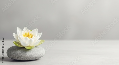 Serene white water lily blossom resting on a gray stone perfect for spa and wellness websites