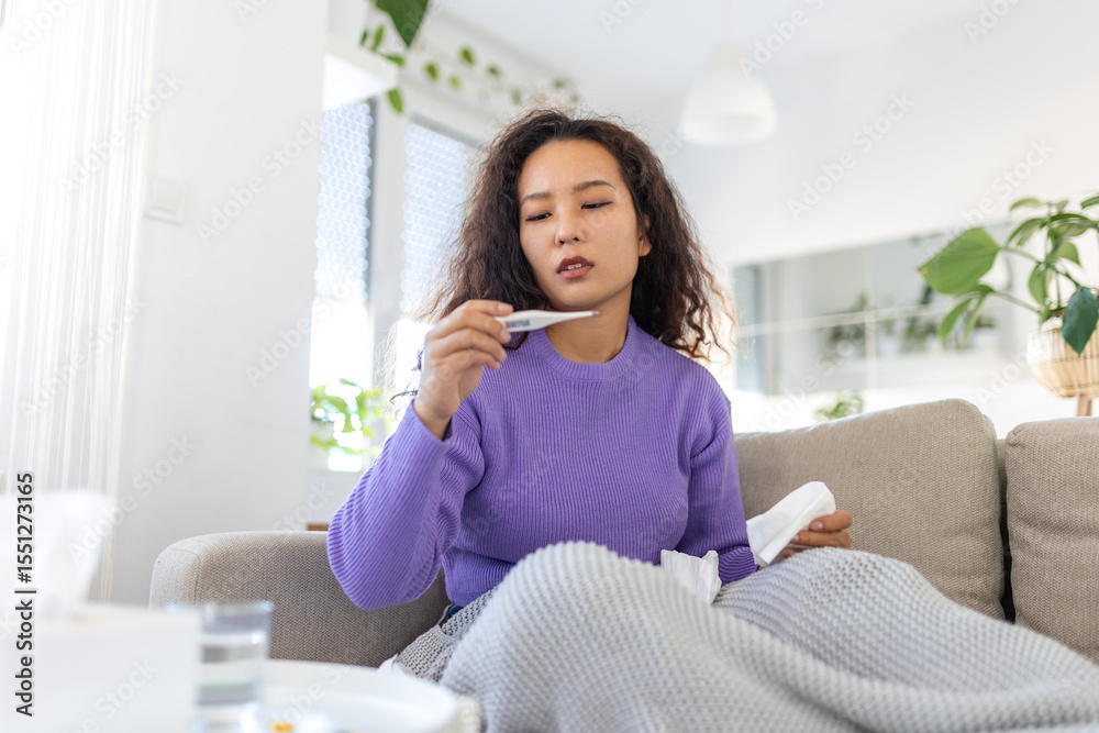 Asian woman is having flu and she is using thermometer. Sick with a rhinitis has dripping nose. Woman being sick having flu lying on sofa looking at temperature on thermometer. Asian woman is having flu and she is using thermometer. Sick with a rhinitis has dripping nose. Woman being sick having flu lying on sofa looking at temperature on thermometer.