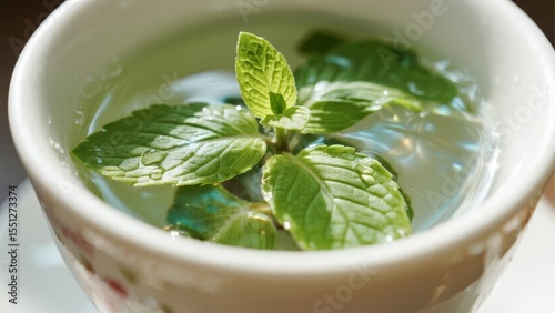 Fresh Mint Leaves Floating in a Cup of Clear Liquid