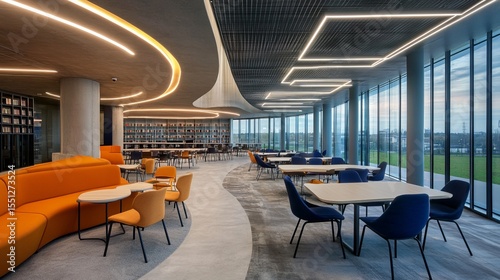 Modern library interior with vibrant seating areas and large windows overlooking an outdoor space