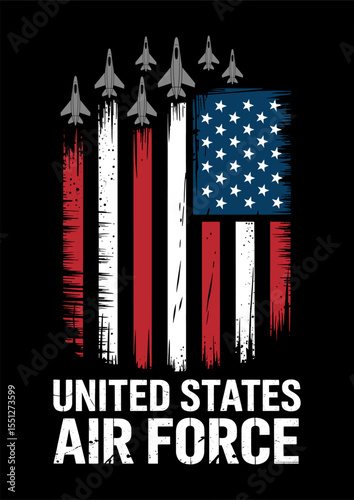 Stylized American flag design featuring fighter jets in formation, representing the United States Air Force