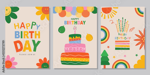 Set of children's birthday greeting cards .Cute animals design.poster,template,greeting cards,Vector illustrations.