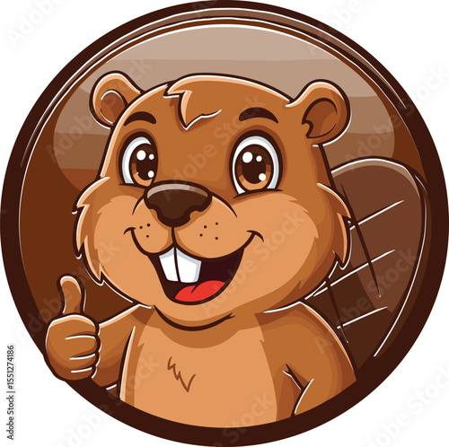 Cheerful Cartoon Beaver Mascot with Thumbs Up Gesture, Symbolizing Approval, Success, and Hard Work in a Friendly Brown Badge Design, Ideal for Branding and Positive Messaging.