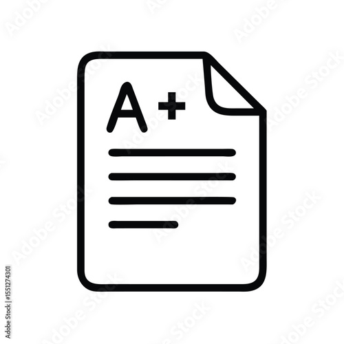 A plus grade exam report card achievement test score document with curled page corner icon vector