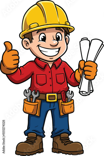 Cartoon construction worker, builder character illustration, yellow hard hat, blueprint holder, smiling tradesman, thumbs up pose, tool belt design, professional handyman vector
