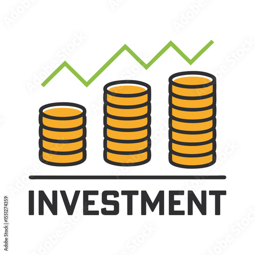 Simple graphic illustrating investment growth with rising stacks of coins and an upward trend line