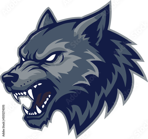 Fierce wolf mascot head, aggressive predator illustration, dark blue fur design, sharp teeth graphic, bold forest animal logo, powerful wilderness emblem, vector artwork