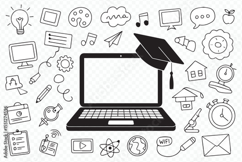 educational icons set with laptop and graduation cap for digital learning platforms vector