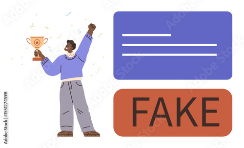 Person celebrating while holding trophy, beside fake label in bold text. Ideal for fraud, recognition, dishonesty, success, authenticity, integrity, achievement with simple flat metaphor