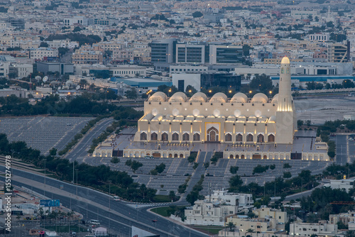 Doha, Qatar - March 10, 2025: Aerial view of Imam Abdul Wahab Mosque: The Qatar State Grand Mosque Mosque. 