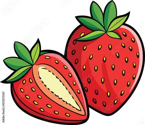 Fresh Strawberry Delight: A vibrant illustration captures the lusciousness of a ripe strawberry, sliced to reveal its juicy interior, embodying freshness and sweetness