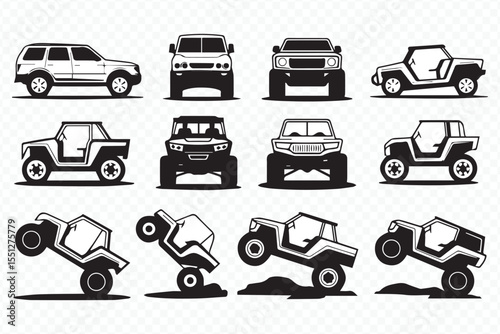 vector silhouettes of off-road vehicles and suvs in multiple angles and dynamic poses for automotive design and branding