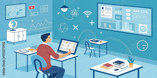 AI Artificial Intelligence technology for education. Modern digital learning, courses for developing new skills and e-learning. Man learning lessons and online seminars on ..