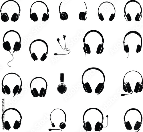 Vector Silhouette Illustration Collection of Various Headphones and Headsets Including Wired, Wireless, Over-Ear, In-Ear, and Gaming Styles Representing Audio Technology and Communication Devices

