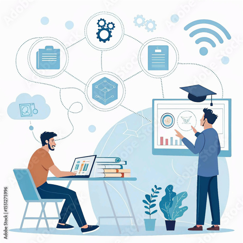 AI Artificial Intelligence technology for education. Modern digital learning, courses for developing new skills and e-learning. Man learning lessons and online seminars on ..