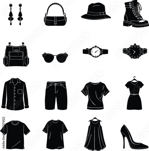 Fashion Accessories and Clothing Silhouettes: A diverse collection of black and white icons representing various apparel, bags, shoes, and jewelry.

