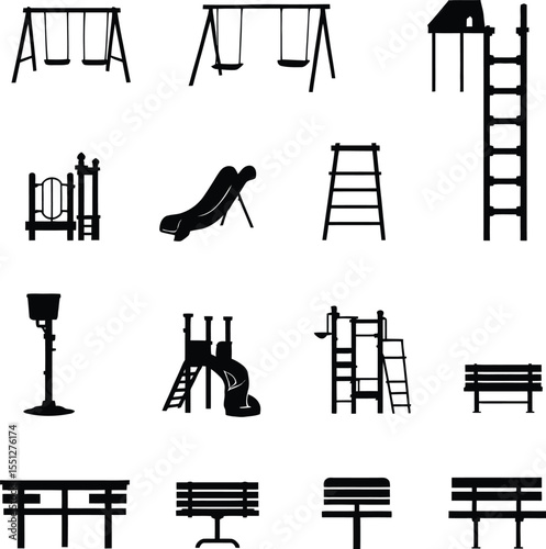 Playground Equipment and Park Amenities Silhouettes: A diverse collection of black and white icons representing various play structures, benches, and outdoor recreational items.

