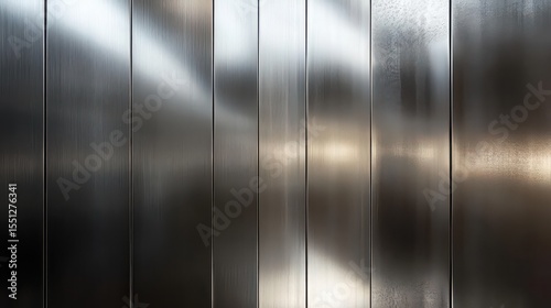 A close up view of a brushed metal surface with vertical panels and light reflecting off it