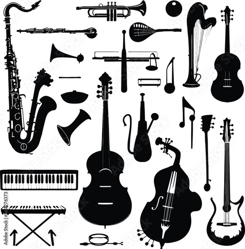 Musical Instruments Collection Silhouette Set: A comprehensive and diverse array of black and white silhouettes featuring various orchestral, band, and folk instruments for music-related designs.

