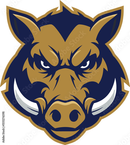 Boar mascot head, fierce animal logo, stylized tusked face, blue and gold illustration, wild predator graphic, aggressive beast design, bold character icon