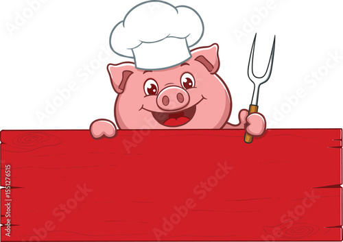 Cartoon pig chef, smiling mascot character, red wood sign holder, restaurant advertisement vector, cooking theme illustration, barbecue branding, farm-style food design