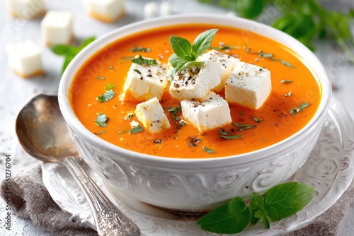 Creamy Tomato Soup with Fresh Cheese Cubes Delight