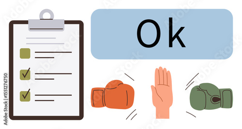 Checklist with completed tasks, boxing gloves facing each other, raised hand as a stop gesture, and Ok text. Ideal for teamwork, communication, conflict resolution, productivity, goal setting