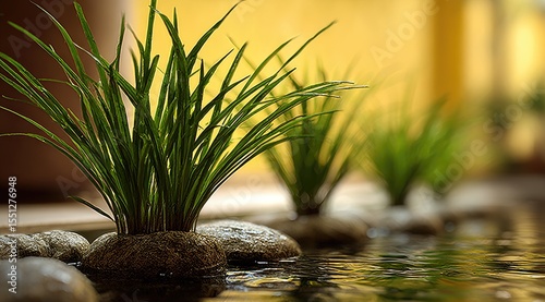 Tranquil Arrangement of Greenery and Smooth River Stones