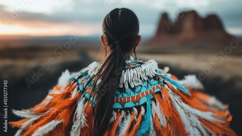 A young woman in traditional attire faces the sunset while showcasing Native American cultural heritage and the beauty of nature in a serene landscape.