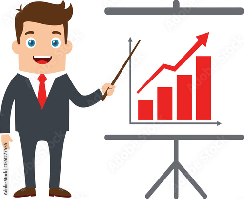 Business presentation cartoon, growth chart illustration, bar graph with arrow, professional character vector, upward trend concept, marketing strategy graphic, financial success icon