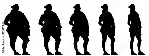 Conceptual fat overweight obese female vs slim fit healthy body after weight loss or diet on white background banner. A  fitness, nutrition or obesity, health shape illustration vector as silhouettes
