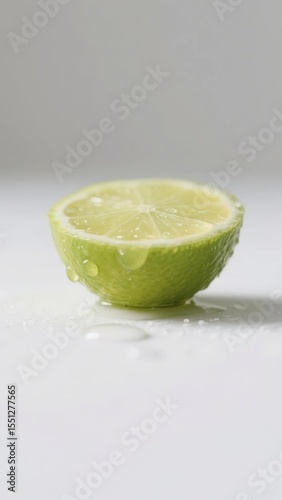 Half a lime with water droplets on a white surface