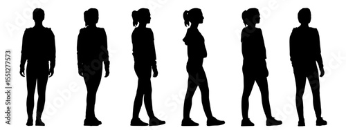 Vector concept conceptual black  silhouette of a casually dressed woman standing from different perspectives isolated on white background. A metaphor for relaxation, comfortable, practical and lifesty