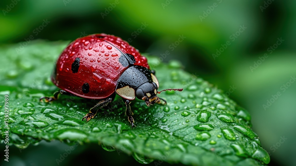 Obraz premium A detailed macro image of a ladybug perched on a green leafy surface adorned with raindrops, showcasing the beauty of nature's small wonders and vibrant colors.
