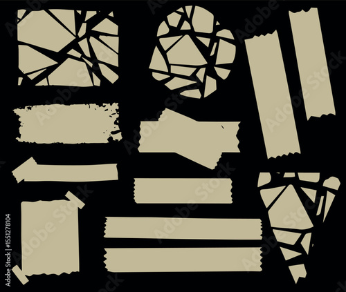 Collection of beige adhesive tape pieces and fragmented shapes on a black background graphic design elements