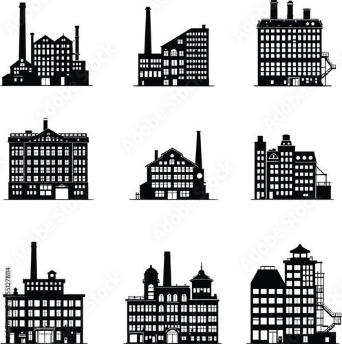 Industrial Building Silhouette Collection Featuring Nine Distinct Factory and Warehouse Designs in a 3x3 Grid—Each Structure Rendered in Bold Black Against White, Highlighting Architectural Details 