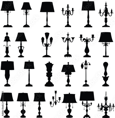 Lamp Silhouette Icon Collection Featuring 25 Distinct Designs in a 5x5 Grid—Showcasing a Range of Table Lamps, Floor Lamps, and Chandeliers with Styles from Minimal to Ornate, Including Dome Shades, 