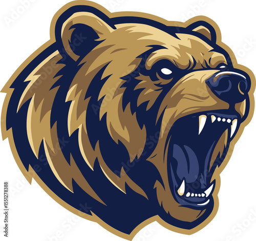 Fierce bear mascot logo, aggressive animal head, open mouth growl, sharp teeth illustration, wild predator emblem, powerful sports branding, bold forest creature design