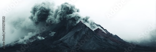 Dark, brooding volcano erupting, billowing grey ash clouds against a stark white sky