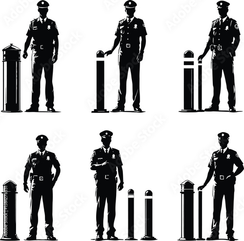 Police Officer and Security Post Silhouette Set Featuring Six Distinct Black Figures Standing Beside Varying Bollards—Each Officer Rendered in a Unique Pose Such as Hands Behind Back, 