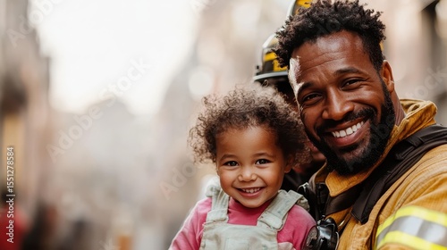 A cheerful firefighter, clad in gear, smiles joyfully while hugging a young child, encapsulating the warmth of familial love and the heroism associated with fire safety.