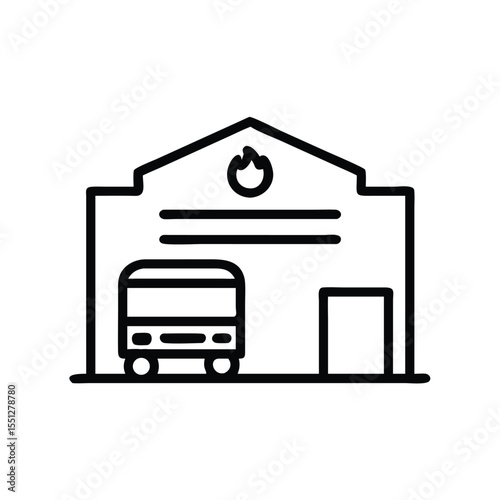 Fire station building with fire truck emergency services vector line art icon design illustration drawing