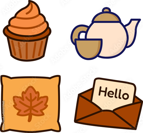 Flat cozy café-themed icons including muffin, teapot, letter, and cushion. Perfect for autumn lifestyle or food-related content.