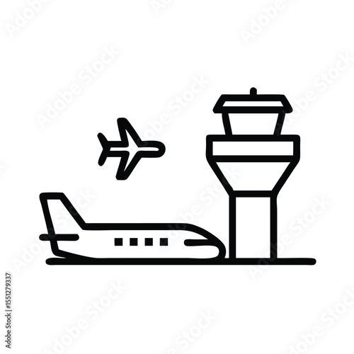 Airport travel airplane aviation flight control tower icon vector illustration design line art