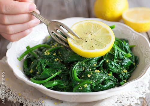 Fresh Spinach Salad with Lemon Preparation Still Life